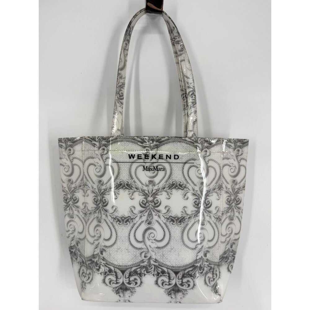 Vintage Max Mara Weekend Grey Damask Toile Print Plastic PVC Tote Bag Handbag